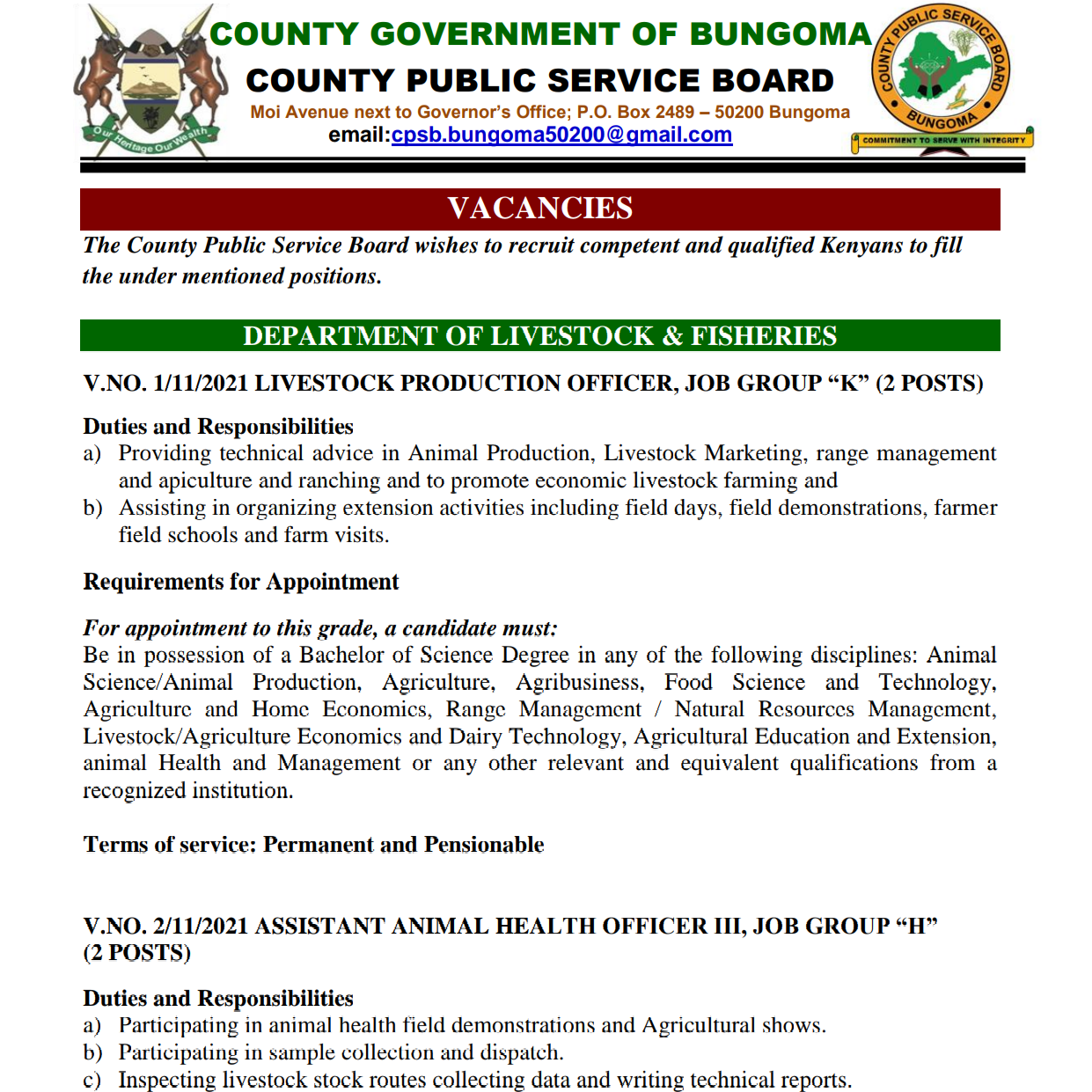 Vacancies in Department of Agriculture