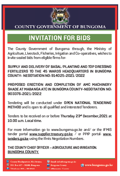 TENDER ADVERT FOR DEPARTMENT OF AGRICULTURE & IRRIGATION