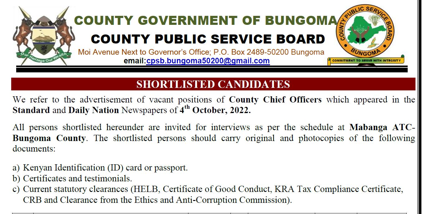 Shortlisted Candidates for the vacant positions of County Chief Officers